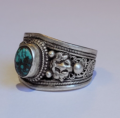 #ad Vintage Large Sterling Silver Ring With Natural Turquoise Stone Wide Band Sz 12 $58.00