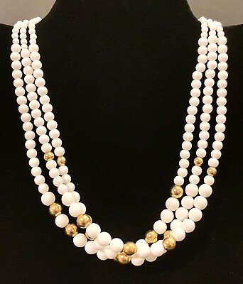 #ad Vintage Napier Multi Strand Necklace White and Gold Tone Beads Signed $19.99