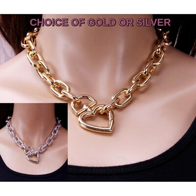 #ad CHUNKY CHOKER CHAIN Heart Necklace Gold or Silver Pouch $22.99