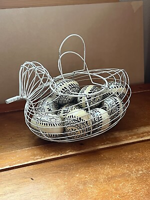 #ad White Painted Wire Chicken Basket w Blue amp; White Painted Wood Easter Eggs – each $20.99