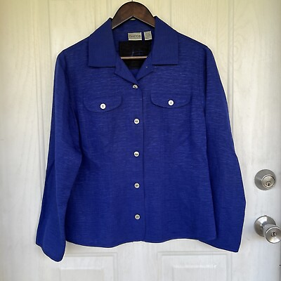 #ad Chicos Silk Linen Blend Button Up Shirt Size 1 Medium Royal Blue Top Lagenlook $24.99