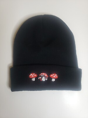 #ad Black Knit Beanie Cap With Red and White Mushrooms New $8.95
