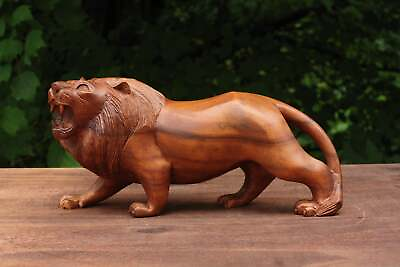 #ad 12quot; Wooden Hand Carved Lion Statue Figurine Sculpture Tiger Decor Lodge Handmade $109.99