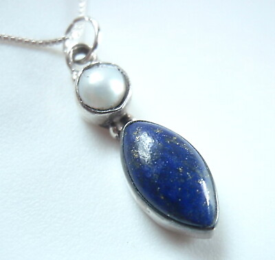 #ad Blue Lapis Lazuli and Cultured Pearl 925 Sterling Silver Pendant a209L $14.99
