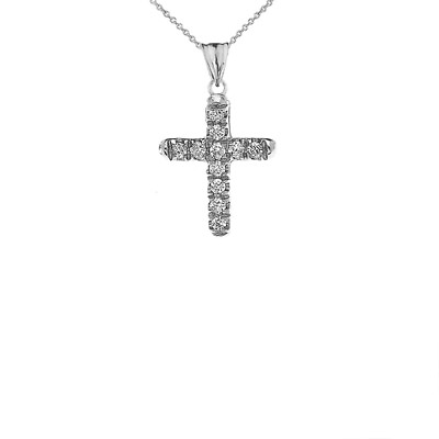 #ad 14k White Gold Mini Elegant Diamond Cross Pendant Necklace $109.99
