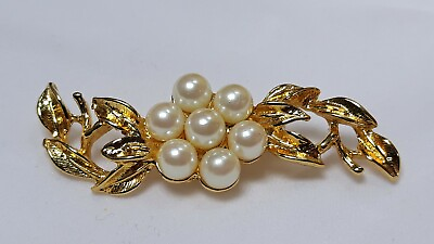 #ad Richelieu Gold Pearl Brooch Gold Plated Leaves Faux Pearl Center Accent $19.99