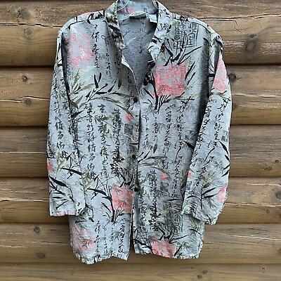 #ad Chicos Design Silk Asian Oriental Print Button Shirt Top Size 2 Gray Black Red $14.99