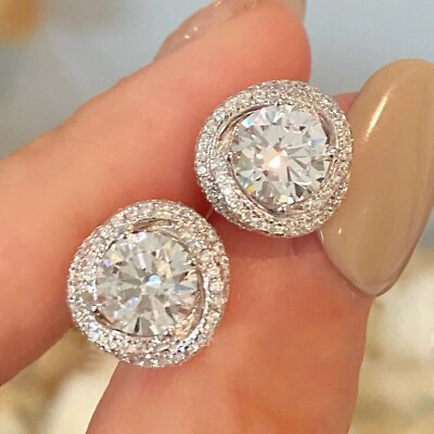 #ad 2Ct Round Lab Created Diamond Push Back Halo Stud Earrings 14K White Gold Plated $93.50