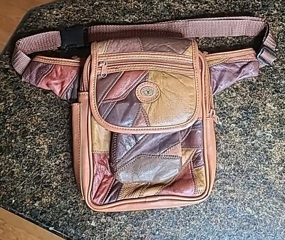 #ad Vintage 80s Taurus Collection Patchwork Leather Hip FannyPack Cross Bag 7 Pocket $36.00