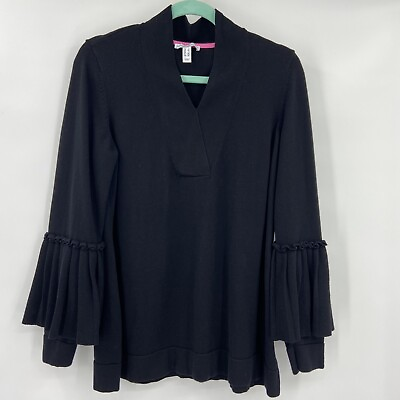 #ad Isaac Mizrahi V Neck Sweater Large Womens Pleated Bell Sleeves Black Ladies Long $25.90