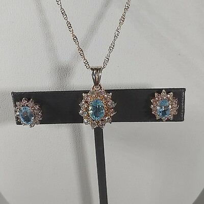 #ad Light Blue Topaz CZ Sterling Silver Necklace Earrings Set December Birthstone $24.35