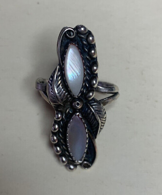 #ad Hand Made Navajo Sterling Silver Ring with Two Mother of Pearl Insets. $95.00