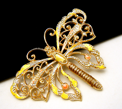 #ad Vintage Signed ART Yellow Pink Brown Enamel Butterfly Brooch Gold Tone $22.49