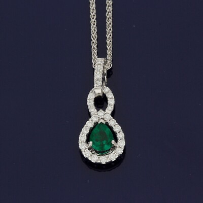 #ad 14K White Gold Plated Silver Pendant With 18quot; Chain 2Ct Pear Cut Green Emerald $67.49