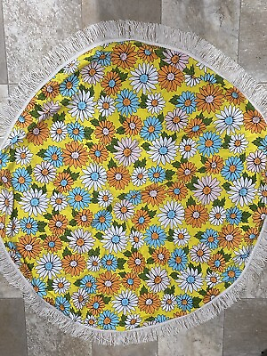 #ad Vintage 1970s Mod Daisy Flower Power Round Cotton Tablecloth 60quot; Round $51.00