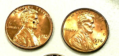 #ad 1974 P D GEM RED UNCIRCULATED LINCOLN CENTS 2 COINS $1.95