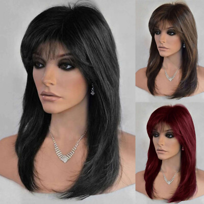 #ad Women Hair Wigs Real Natural Full Wig w Bangs Lady Cosplay Party Medium Straight $17.30