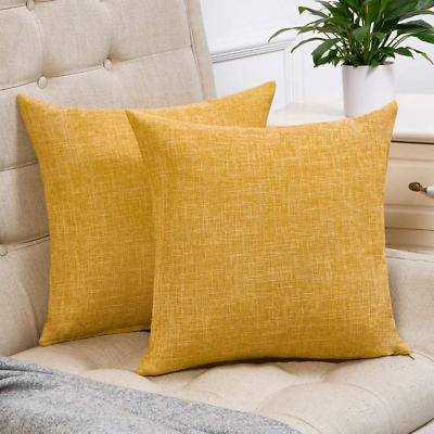 #ad Set of 2 Mustard Yellow Pillow Covers Rustic Linen Decorative Square Throw Pillo $24.60