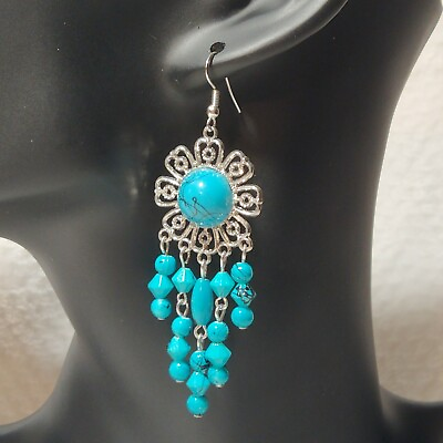 #ad Women#x27;s Earrings Silver Metal Hook Drop Dangle Chandelier Turquoise Acrylic $7.95