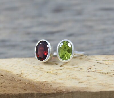 #ad Natural Garnet Peridot Ring 925 Sterling Silver Ring 5 X 7 MM Oval Stone $9.59