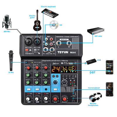 #ad Pro 4 Channel Studio Audio Mixer Bluetooth USB DJ Live Sound Mixing Console new $46.55