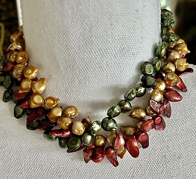 #ad Vintage Fresh Water Rice Pearls Triple Strand Maroon Green amp; Bronze Toggle 16” $52.00