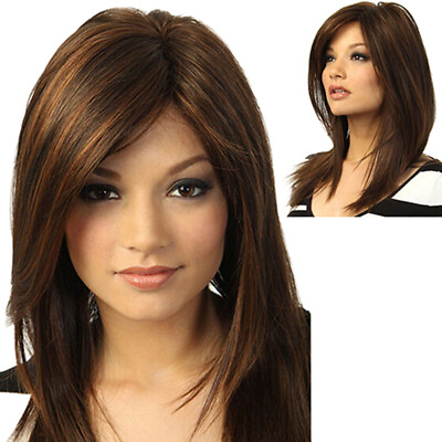 #ad Women Hair Wigs Dark Brown Long Straight Partial Bangs Ladies Wigs Party Hair $13.04