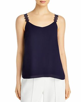 #ad T TAHARI Navy Blue Chiffon Cami Top Blouse Lace trim Straps Lined LARGE NWT $12.74
