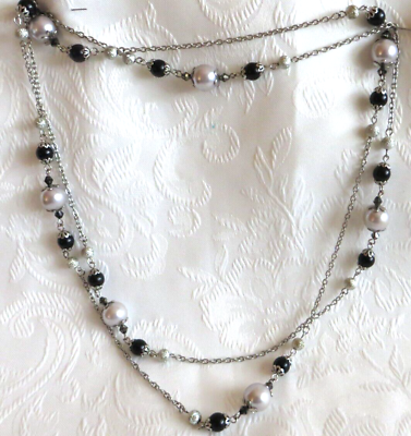 #ad VINTAGE SILVER GREY PEARLS amp; BLACK BEADS amp; SILVER BALLS LONG NECKLACE CLASSIC GBP 7.00