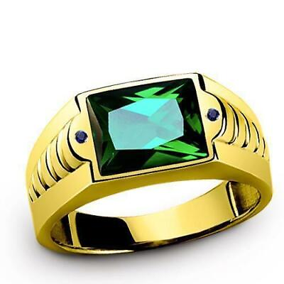 #ad Mens Emerald Ring Solid 14k Fine Gold Blue Sapphire Accents Ring $654.00