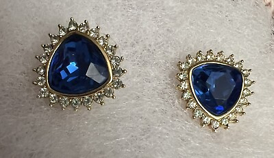 #ad Vintage Givenchy Gold Blue Triangle Center Rhinestone Earrings Designer Signed $58.00