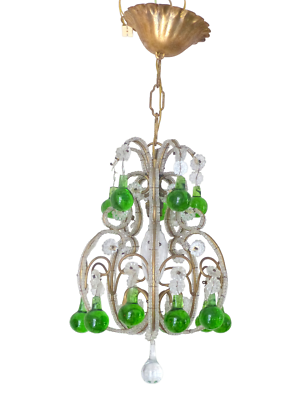 #ad Vintage Chandelier Green Glass Drops Prisms Beads 1930 Italian Ceiling 1 Light $669.00