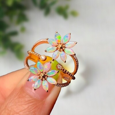 #ad 3Ct Marquise Cut Simulated Opal Womens Flower Ring 14K Rose Gold Plated Silver $97.49
