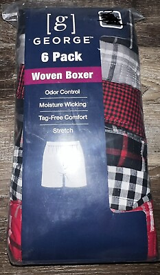 #ad George 6 Pair Men#x27;s Woven Boxers Underwear Cotton Tag Free Plaid XL $20.46