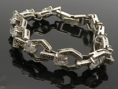 #ad 925 Sterling Silver Vintage Cubic Zirconia amp; Marcasite Chain Bracelet BT4987 $115.95