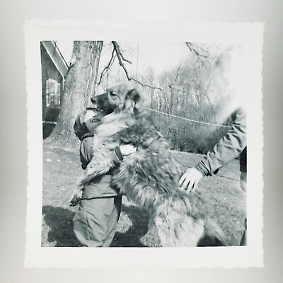 #ad Child Hugging Big Dog Photo 1950s Candid Outdoor Pet Portrait Snapshot A2828 $29.95