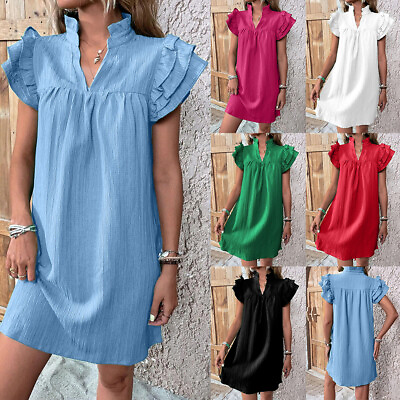 #ad Womens Boho Ruffle Tunic Dress Ladies V Neck Summer Holiday Loose Mini Sundress $22.60