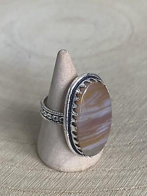 #ad Natural Crazy Lace Agate Ring Size M Sterling Silver 925 Plated Oval Carved Boho GBP 11.80