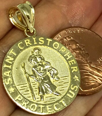 #ad GoLD Saint Cristopher protect us pendant 10k Christopher charm Solid 1.10quot; $179.98