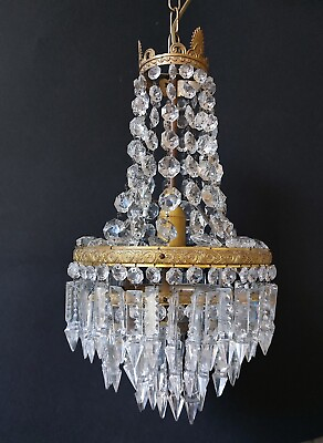 #ad Antique Vintage Brass amp; Crystals French Empire Chandelier Ceiling Lamp Light $265.00