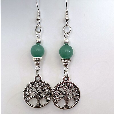 #ad TREE OF LIFE Earrings Green Jade Gemstone Bead Accent Silver Tone Hook Boho Gift $9.95
