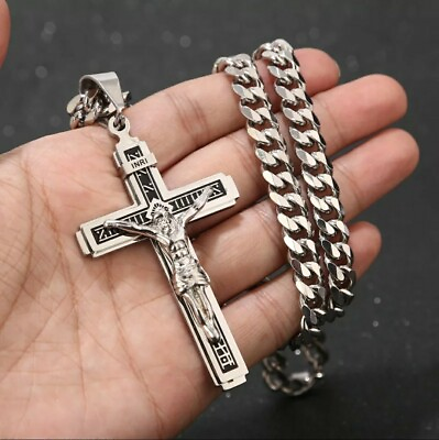 #ad Stainless Steel Silver Cuban Extreme Quality Necklace Jesus Cross Pendant 49 4 $21.34