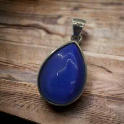 #ad VINTAGE Womens Pendant Necklace Blue Agate Jewelry Metal Tear Drop $30.00