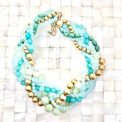 #ad Blue Green amp; Gold Tone Statement Beaded Necklace Plastic The Vintage Strand#1265 $8.99