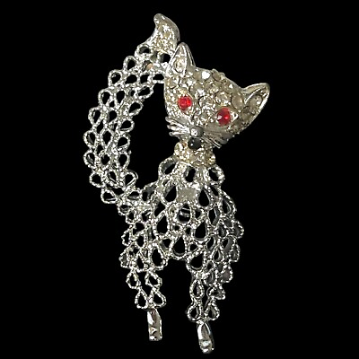 #ad Vintage Cat Figural Brooch Pin Silver Tone Open Work $11.04