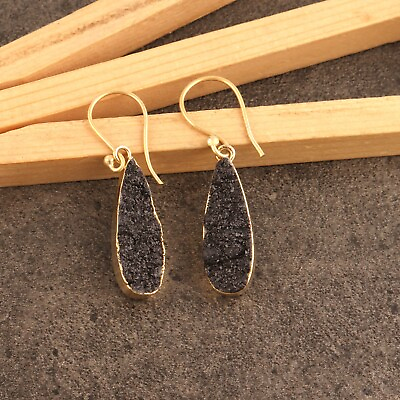 #ad Natural Pear Shape Black Sugar Druzy Gold Plated Drop Dangle Earrings Jewelry $7.35