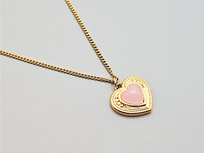 #ad 18K Gold Plated Stainless Steel Heart Pendant Necklace Heart Pink Stone $15.00