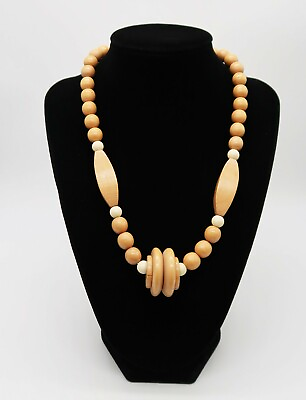 #ad Vtg cream amp; tan tone wooden geometric shape beaded necklace $12.00