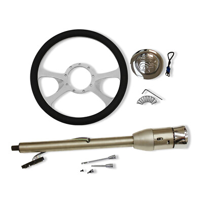 #ad 28quot; Manual Natural Steering Column amp;14quot; Chrome Steering Wheel amp;Flame Horn Button $348.68