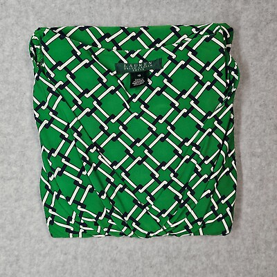 #ad Ralph Lauren 10 Faux Wrap Dress Green Geometric V Neck Stretch Short Sleeved $26.98